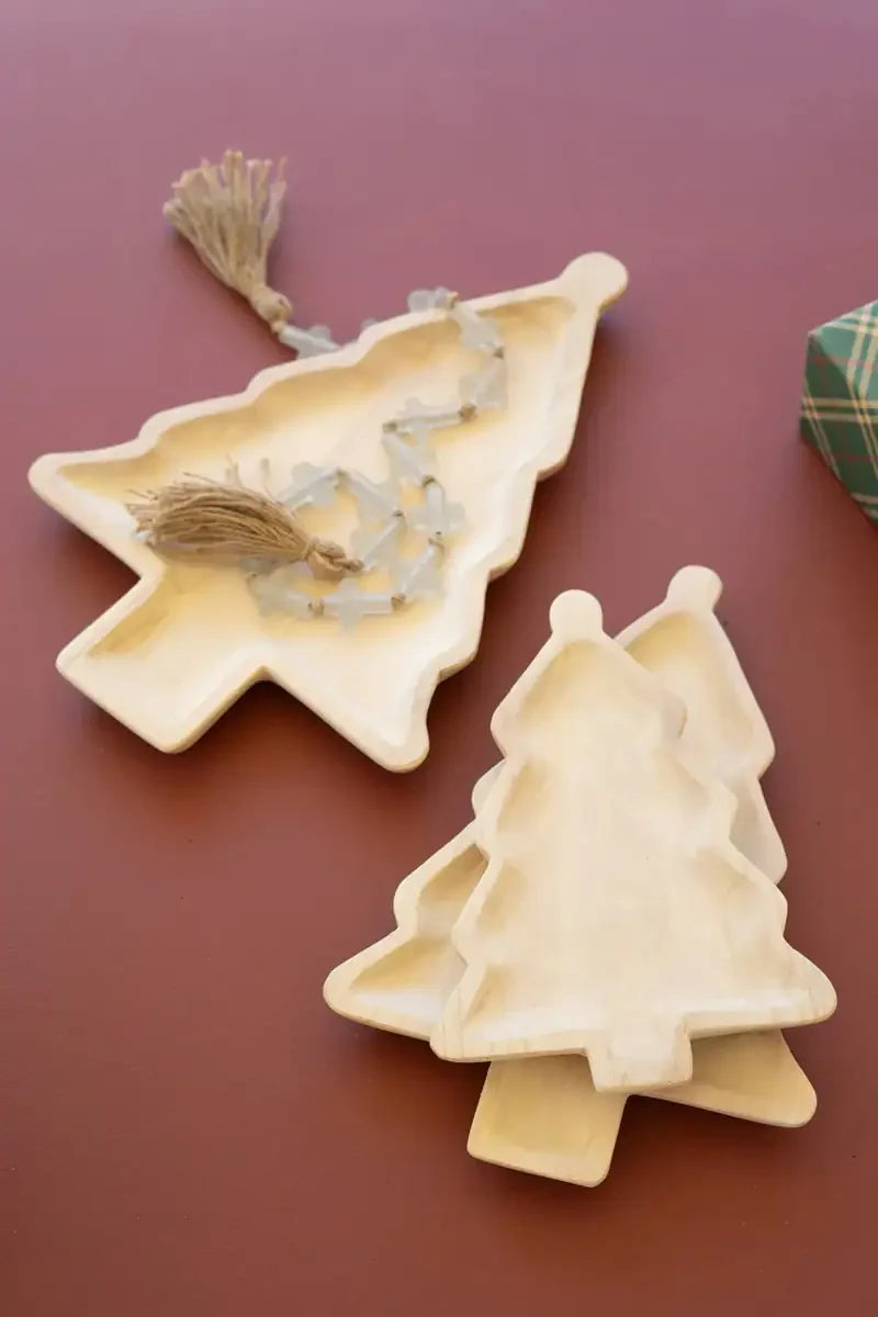 Carved Wood Christmas Tree Platters (Set of 3)