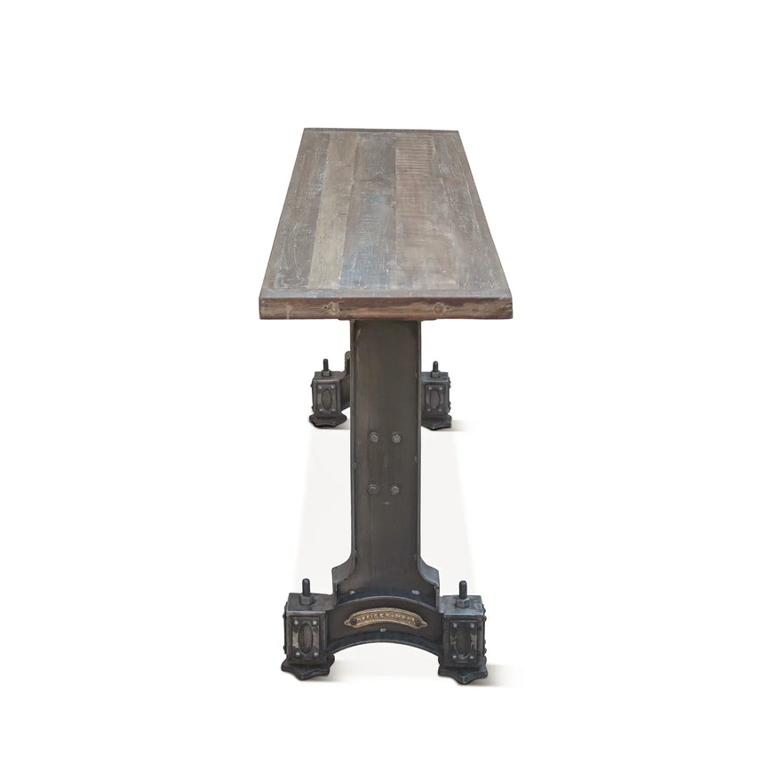 solid wood console table with cast-iron base - side view
