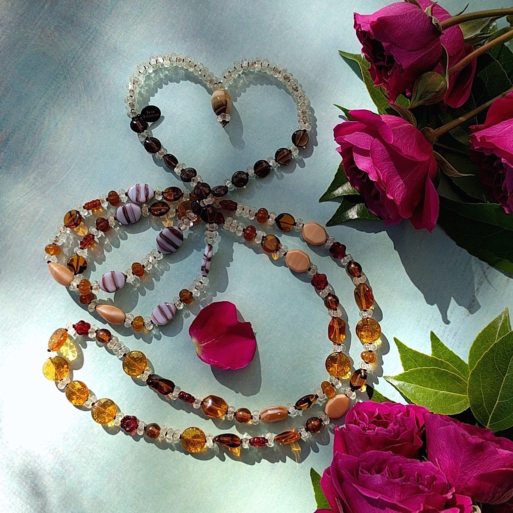 long bohemian multicolored amber glass and seed bead necklace