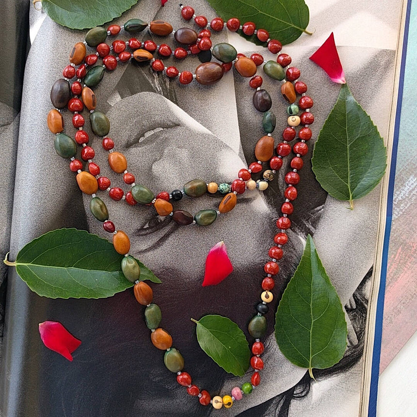 Bohemian style necklace with combination of natural seed beads