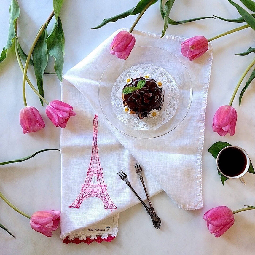heavy linen kichen towel with pink crocheted eiffel tower and trim