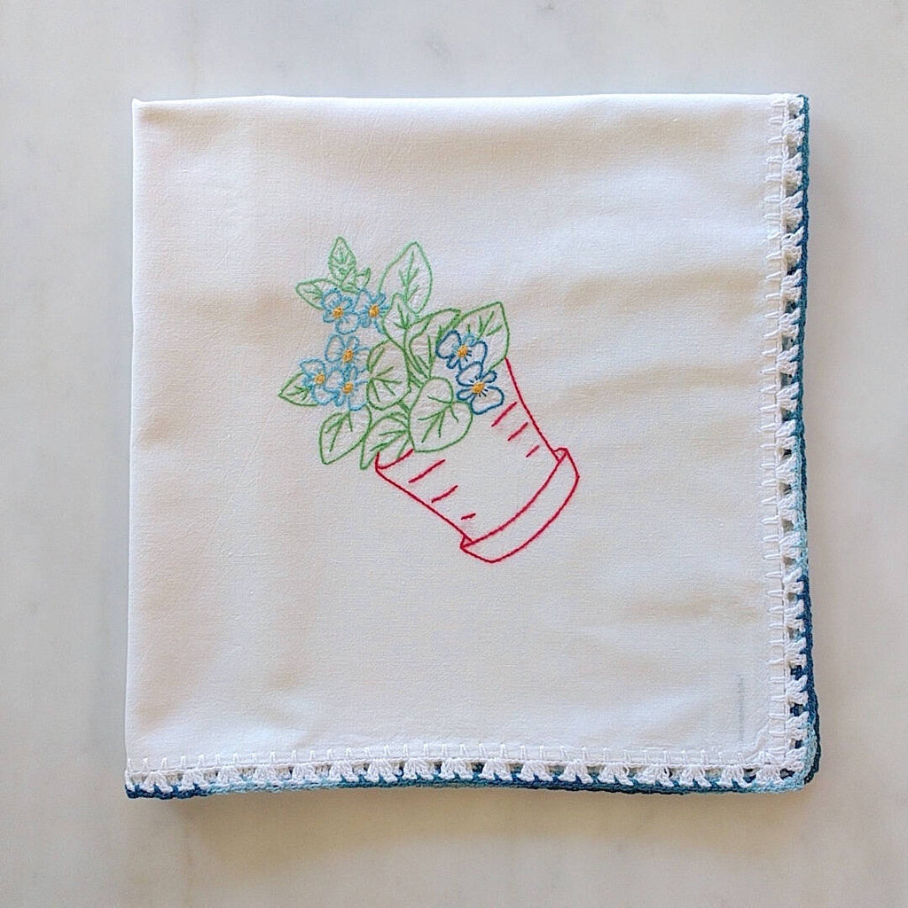 vintage embroidered cotton kitchen towel with red pot and green plant motif