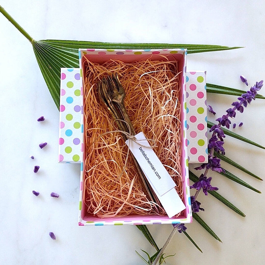 antique silver plated cocktail forks shown in open gift box