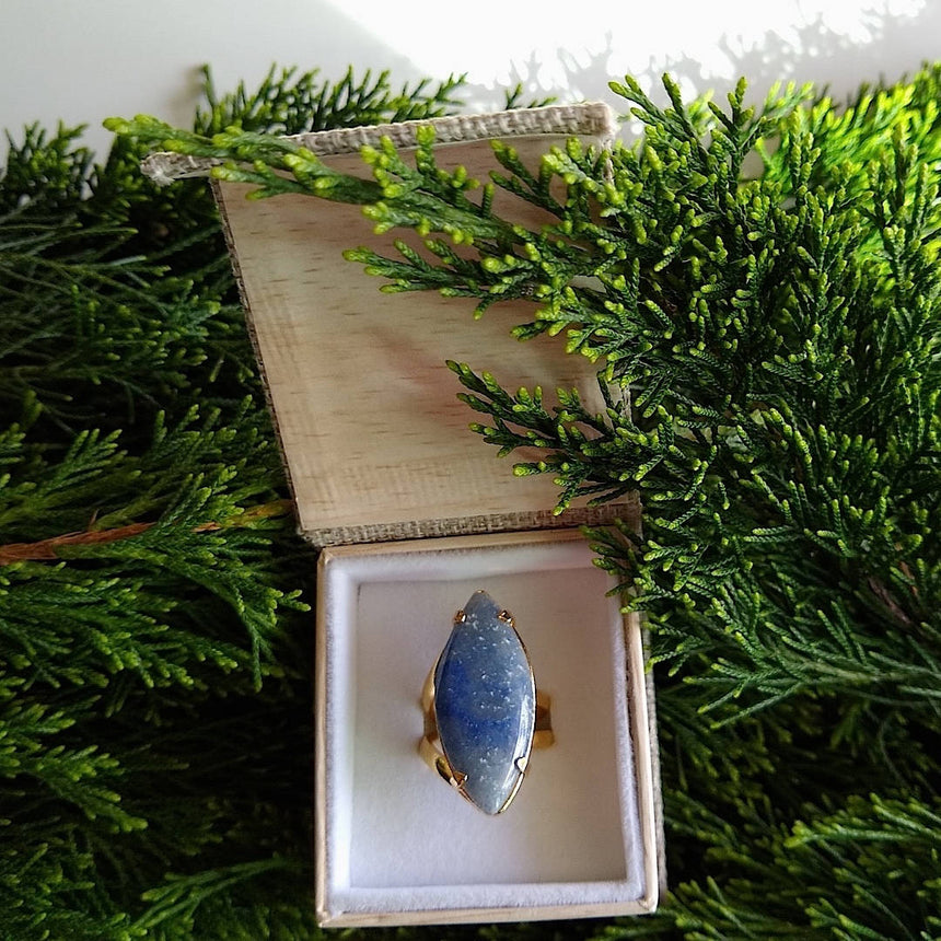 marquise shaped blue quartz cocktail ring in gift box
