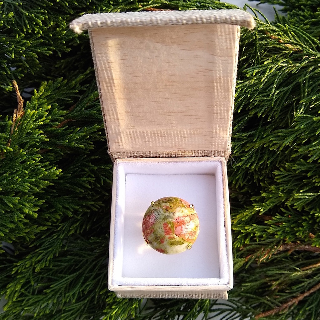 unakite adjustable gold-plated cocktail ring in gift box