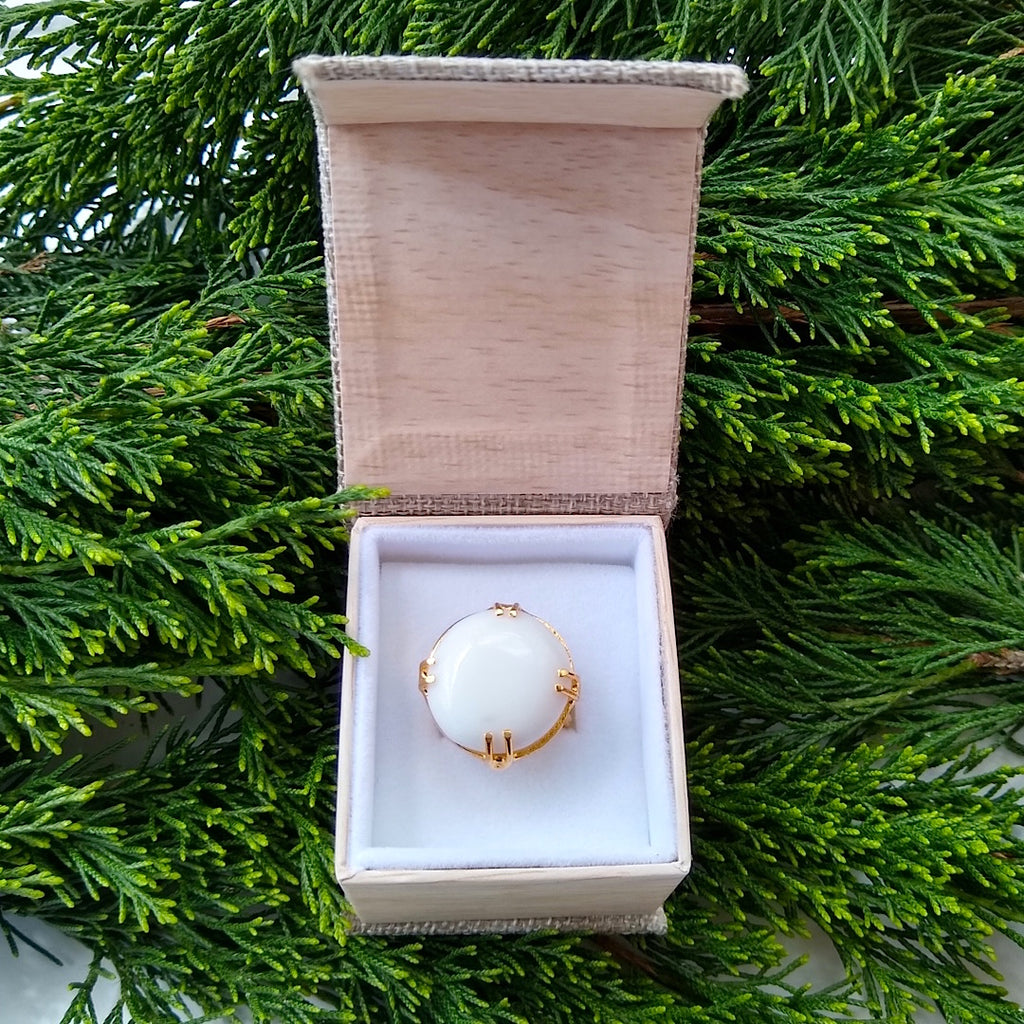 round Milky Crystal adjustable gold-plated cocktail ring in a gift box