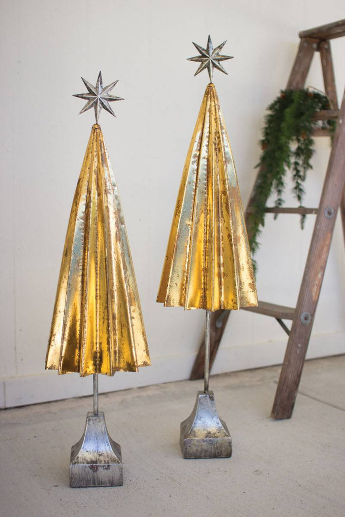 folded gold trees with silver star - set of two