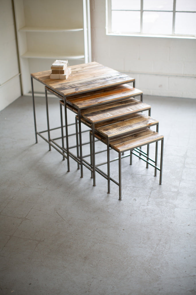 five square nested wood and iron display tables