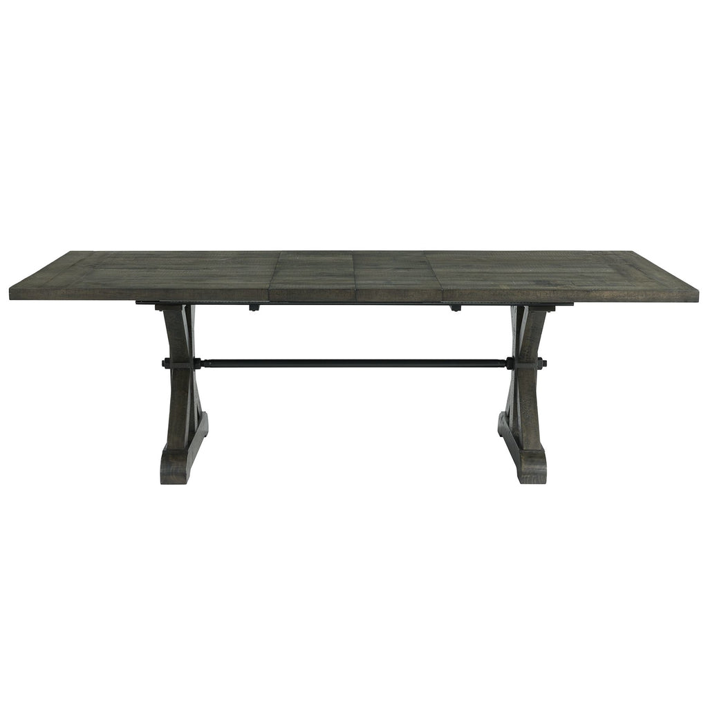 dark gray brown wood trestle dining table - two extensions - front view