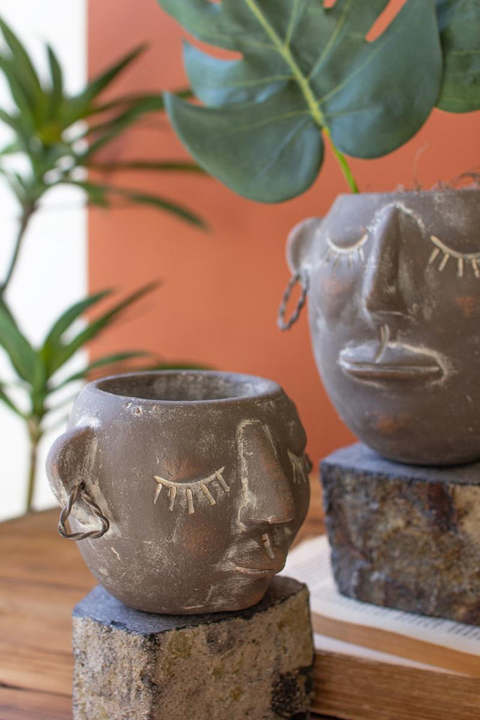 set of 2 clay faced pots with rock stands - both zoomed in with green leaf and rust background
