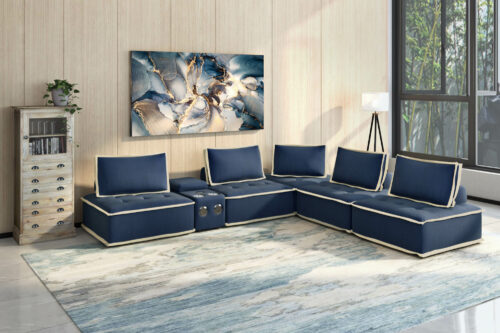 navy blue with cream trim 6 Piece Deep Ocean Media Lounge Sectional Couch with media console - model setting