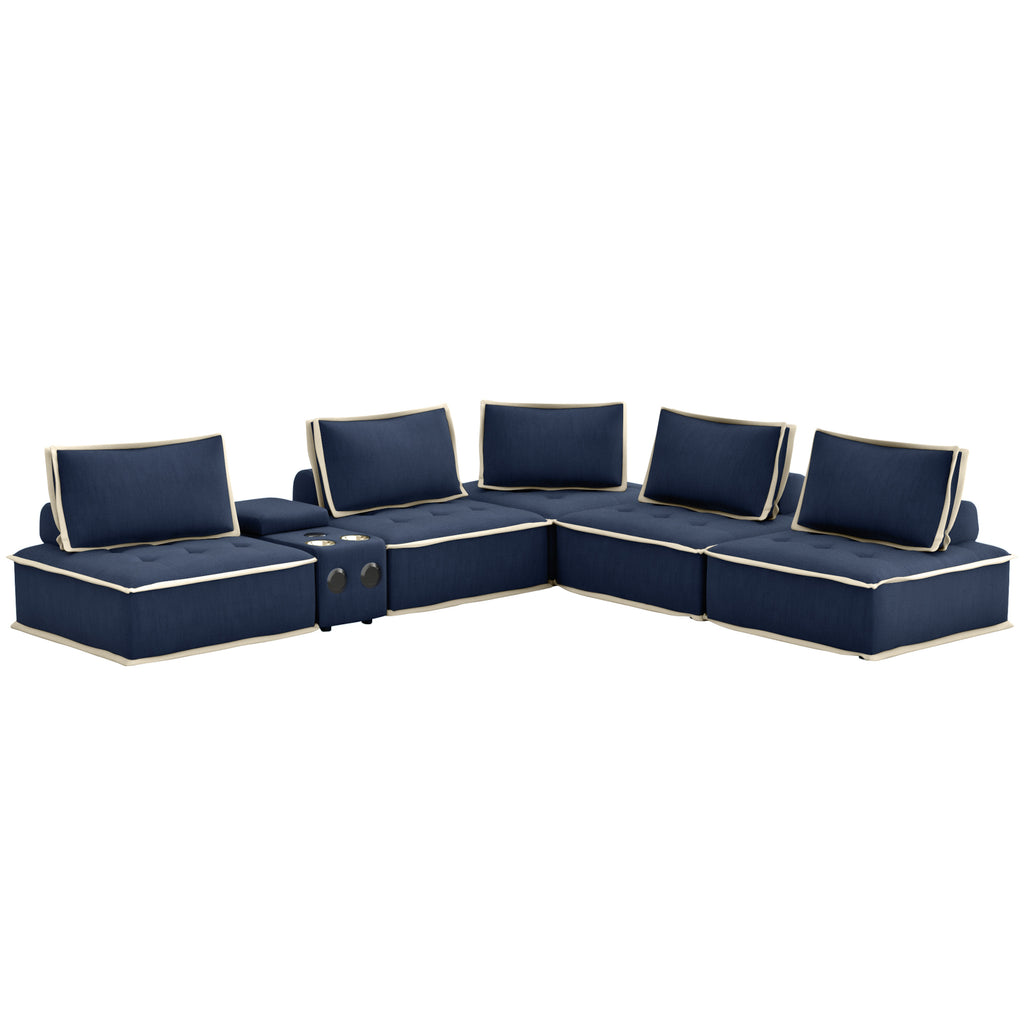 navy blue with cream trim 6 Piece Deep Ocean Media Lounge Sectional Couch with media console