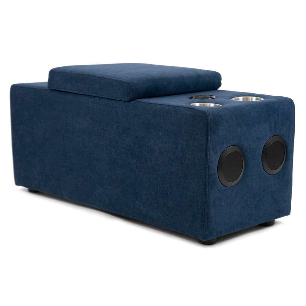 Deep Ocean speaker console with cup holders and storage - front right view