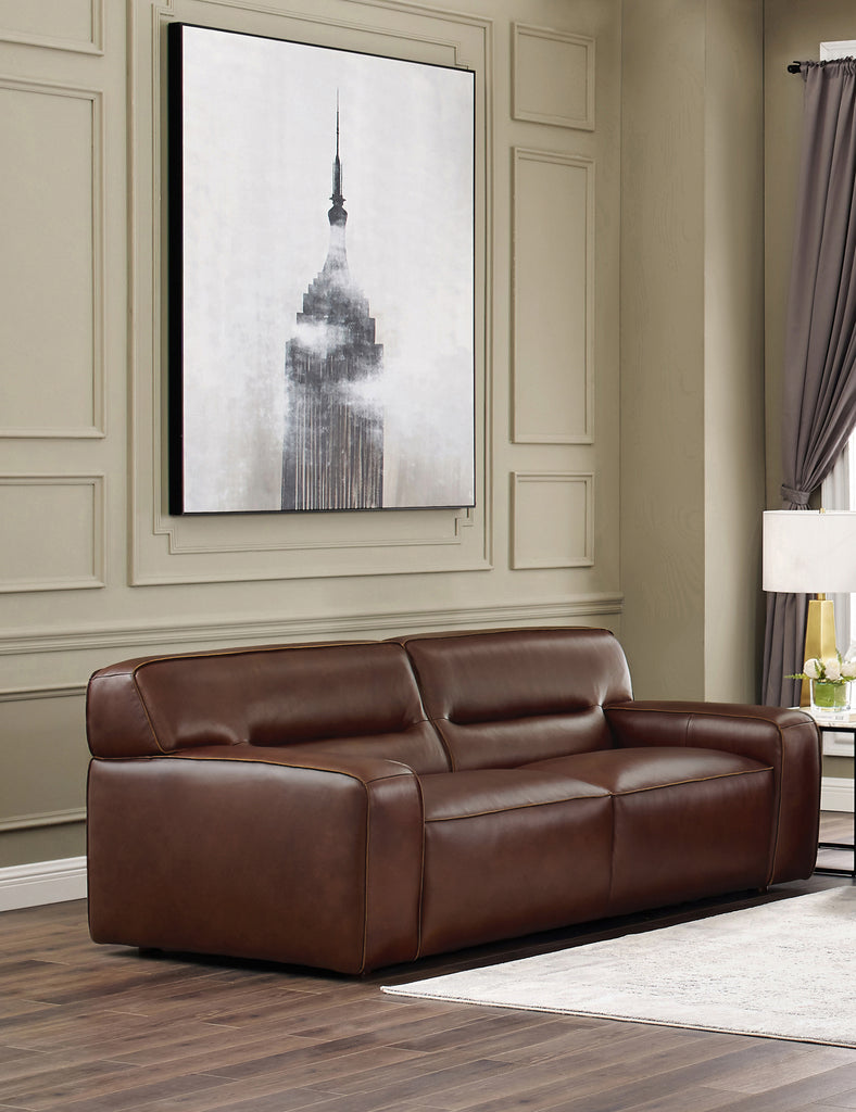 lombardy leather loveseat angled view in sample living room setting