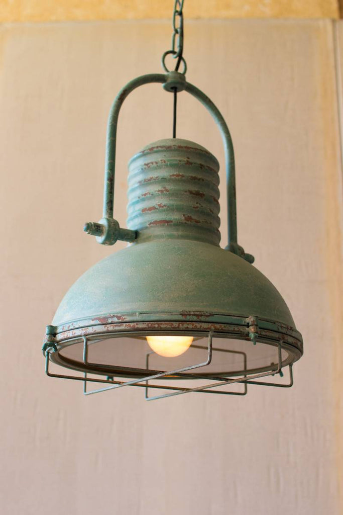 turquoise pendant lamp with wire cage