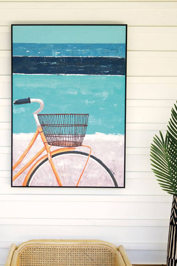 oil painting of ocean and beach scene with orange bicycle in foreground