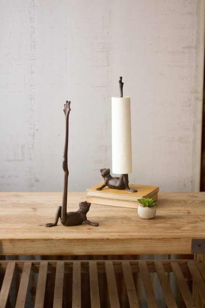 cast iron frog paper towel holder with one leg up