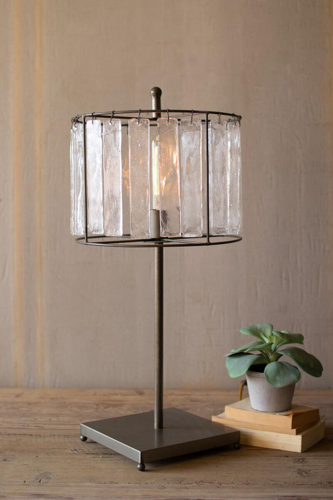 raw metal table lamp with glass chimes