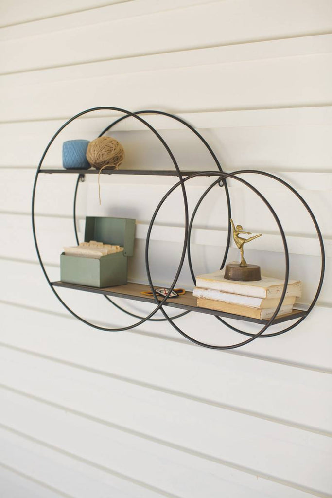 wall mounted wood shelves with double circle metal frames