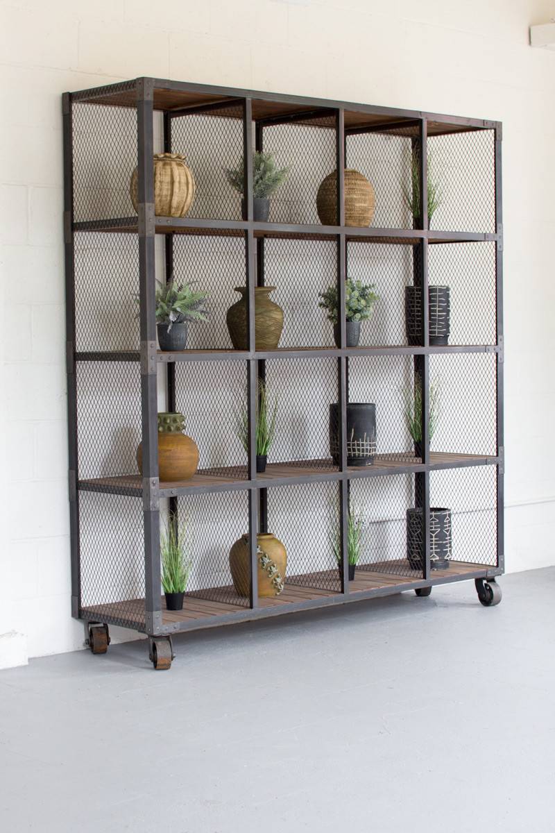sturdy metal 4×4 shelving unit with recycled honey wood on wheels