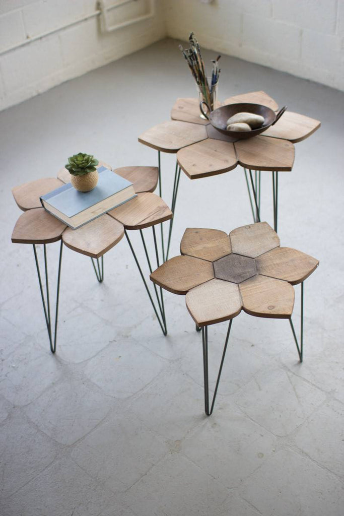 three flower shaped wood side tables