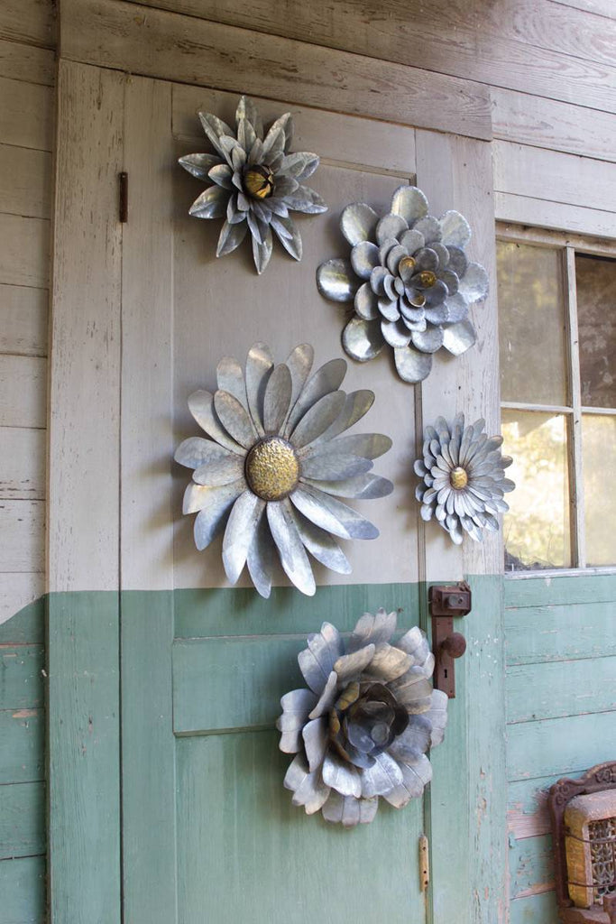 set of five galvanized metal flowers for wall décor