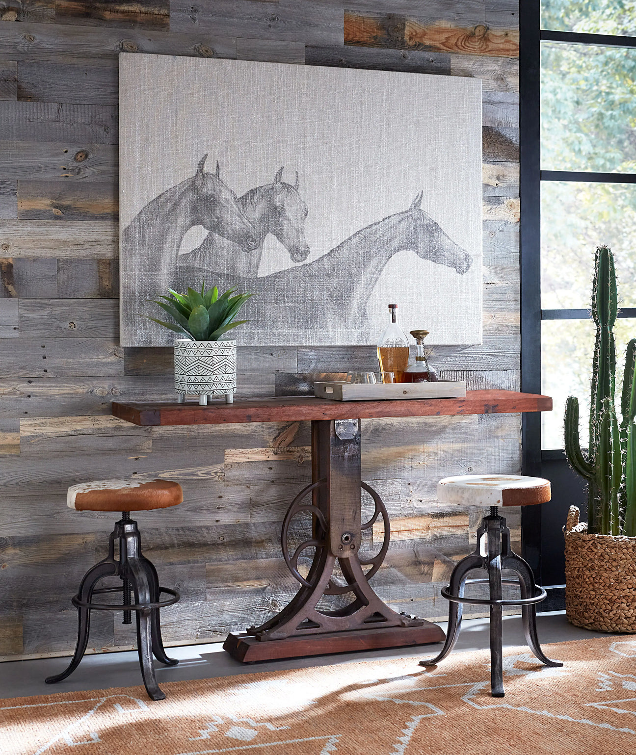industrial steampunk console table with matching stools