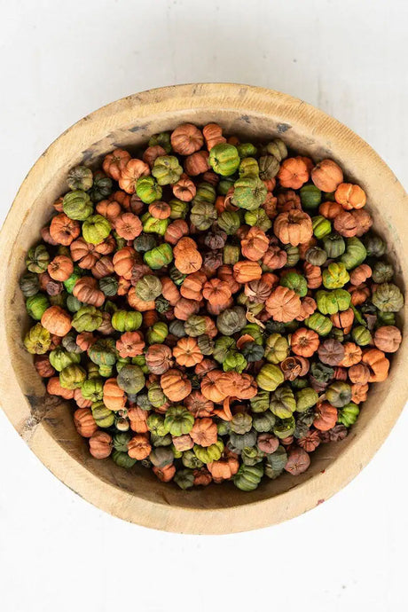 wooden bowl filled with putka pods