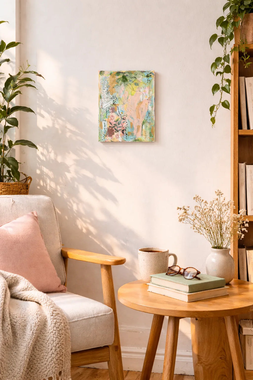 Cozy living room with a beige armchair, wooden side table and decorative elements enhanced by mixed media painting called Shedding Light (compositeSynthetic)