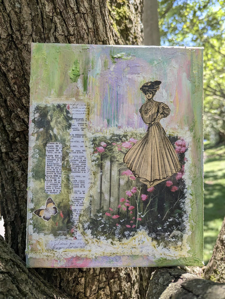 Original artistic depiction of a woman in a garden with text and nature elements, leaning against a tree.