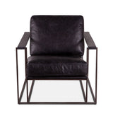 black leather chair with dark brown metal frame and leather strap arm rests