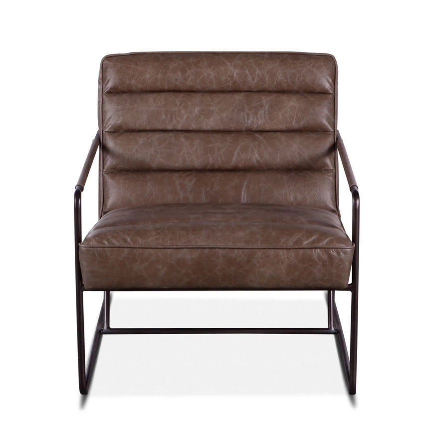 armchair in london gray leather with metal frame and leather wrapped arms