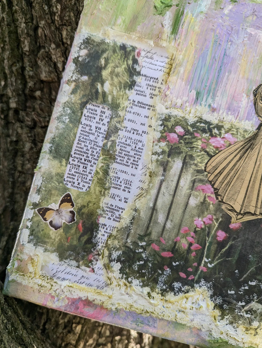 Artistic collage with text, nature elements and a butterfly on a textured surface.