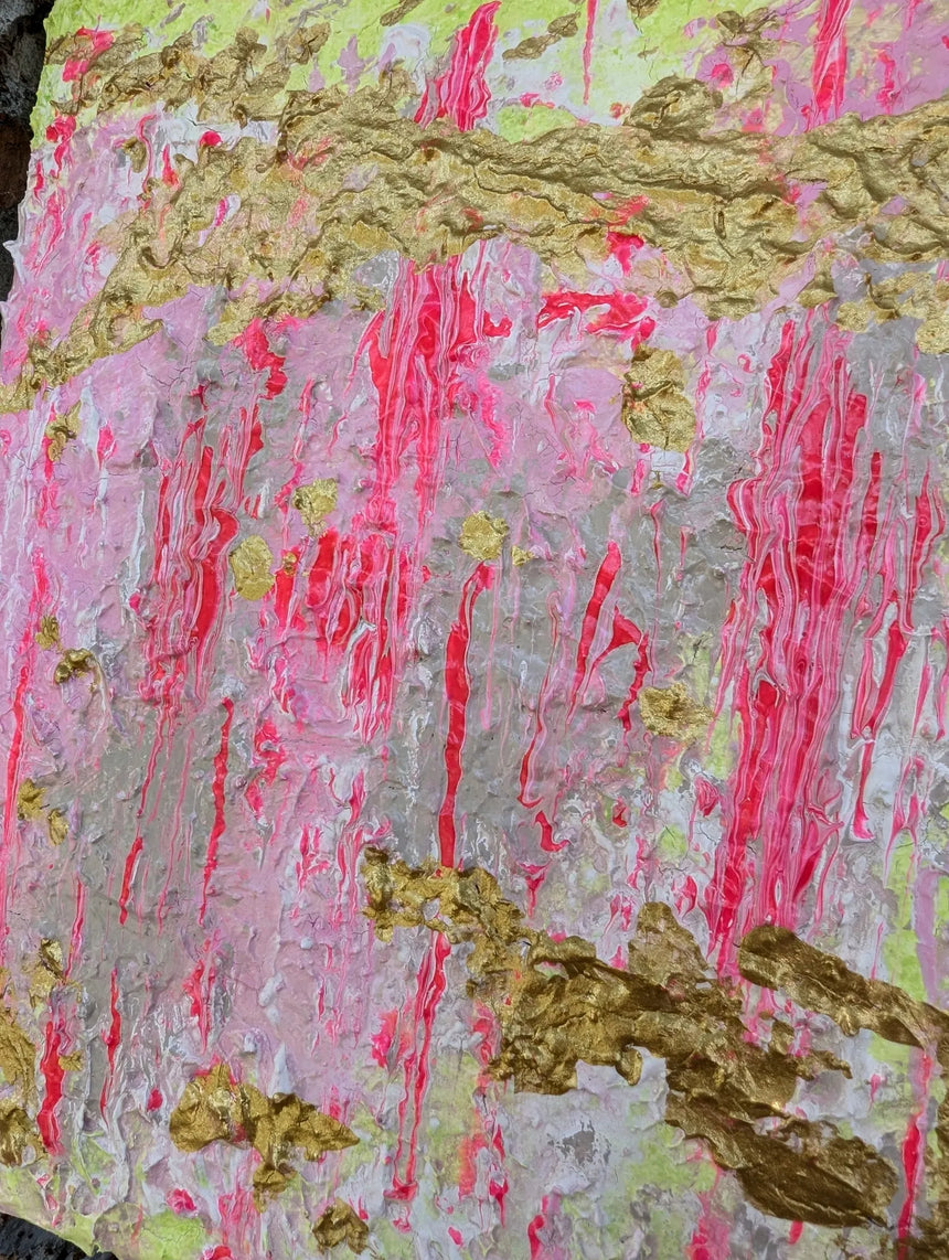 Abstract art with pink and gold patterns on a textured surface - zoomed in on pink details