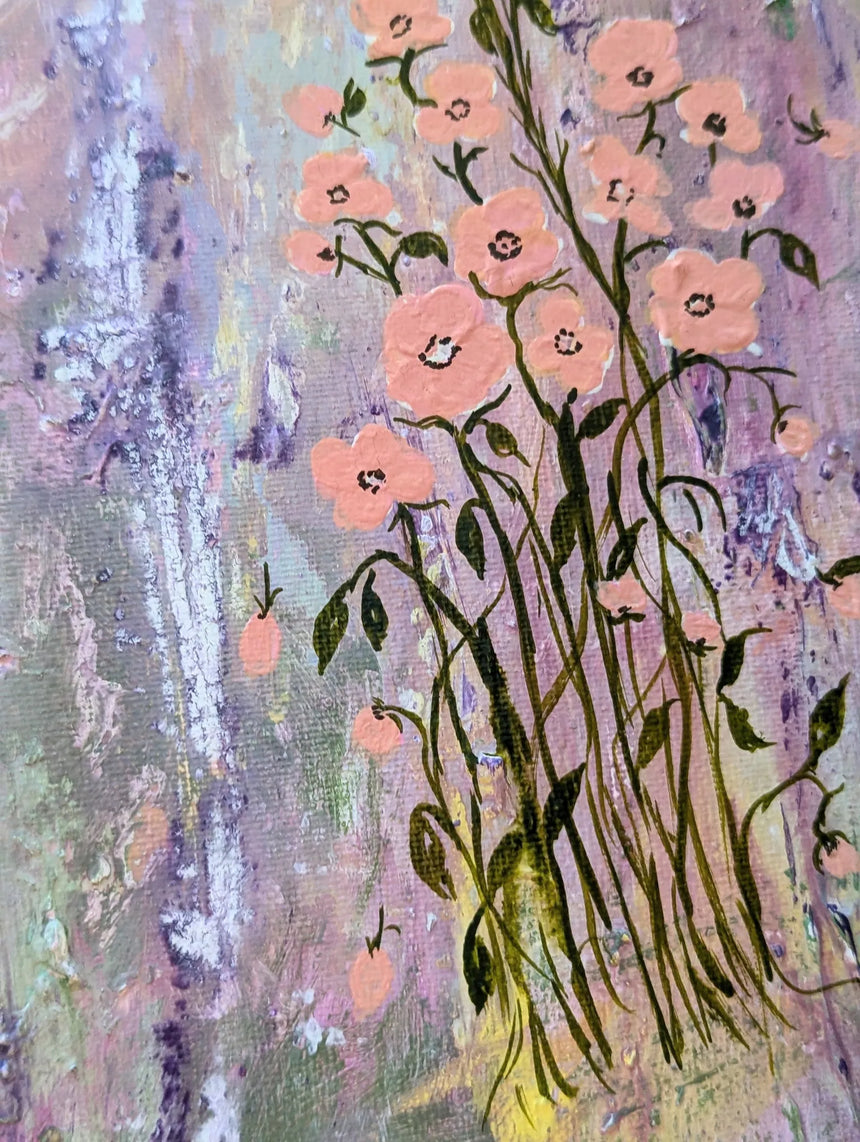 Close-up of contemporary painting of a bouquet of light peach colored flowers with dark green stems and leaves, set against a textured background of lavender, purple, and soft gray tones.