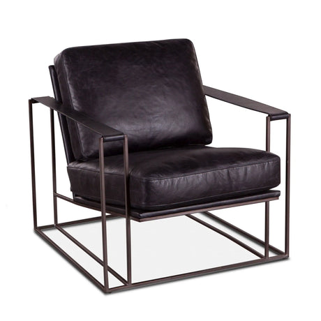 black leather chair with dark brown metal frame and leather strap arm rests - front right view