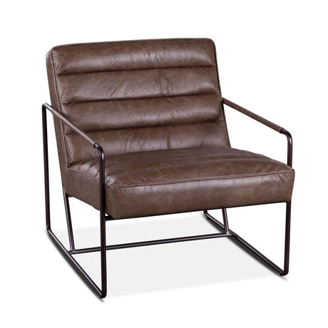 armchair in london gray leather with metal frame and leather wrapped arms - front angled view