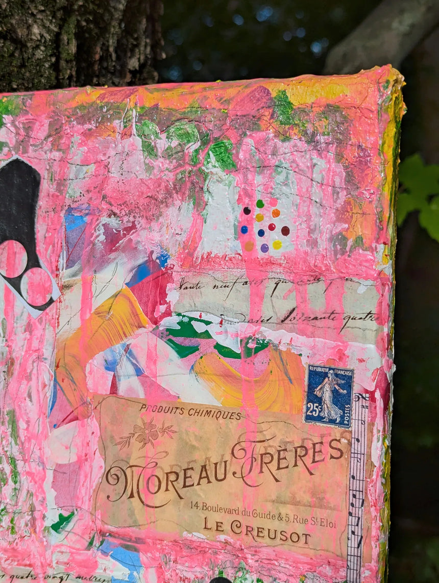 Original mixed media textured art piece with close-up of top right corner