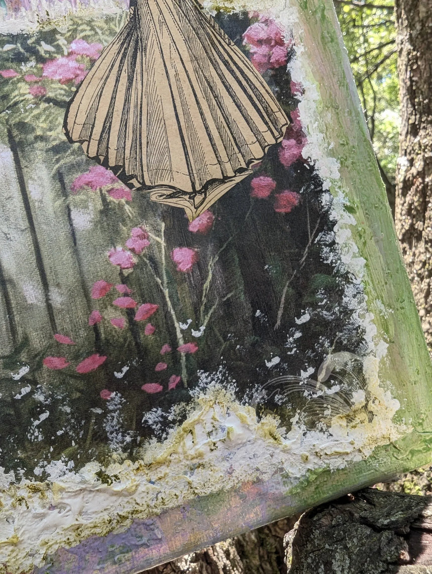 Artistic depiction of the darker reaches of the garden, embellished by cheerful pink flowers