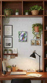 AI mock-up of a home office setup with Violet Reverie hanging as the center piece around other wall décor