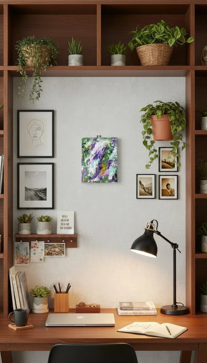 AI mock-up of a home office setup with Violet Reverie hanging as the center piece around other wall décor