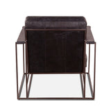 black leather chair with dark brown metal frame and leather strap arm rests - rear view