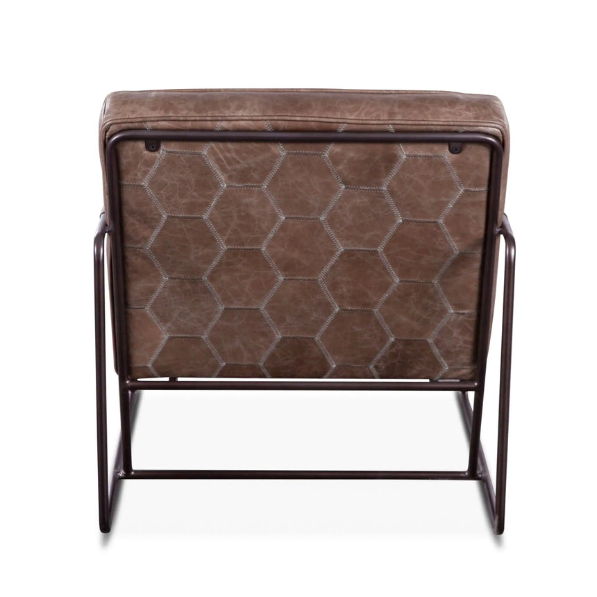 armchair in london gray leather with metal frame and leather wrapped arms - rear view