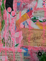 Collage with vintage-style text and graphics, featuring a prominent 'Le Creuset' label with more zoom