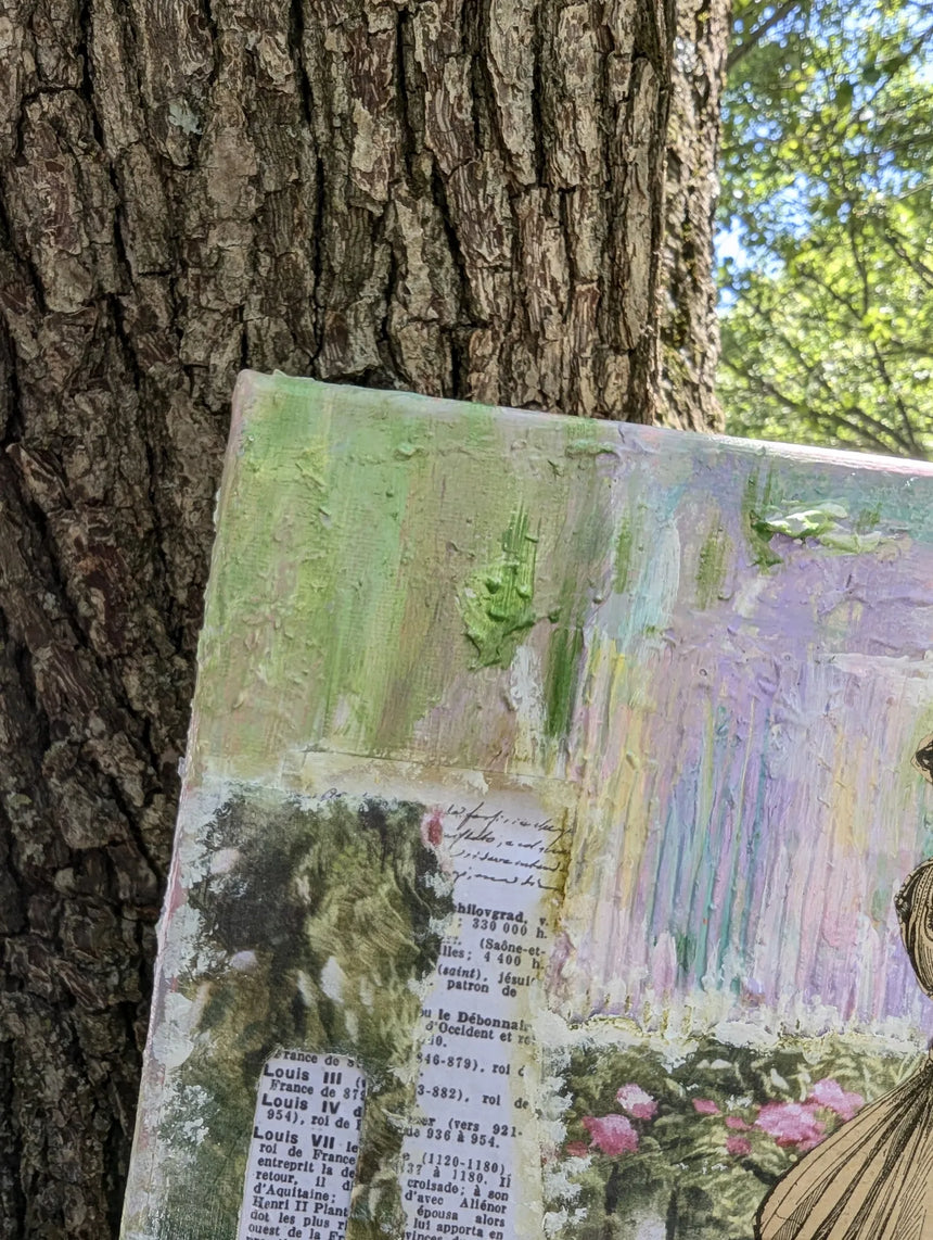 Artistic collage on a textured surface and life inspiring light greens