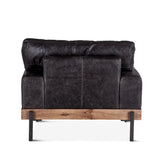 moroccan black leather armchair with wood frame and metal legs - rear view