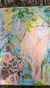 Artistic depiction of floral and abstract designs on a textured surface.