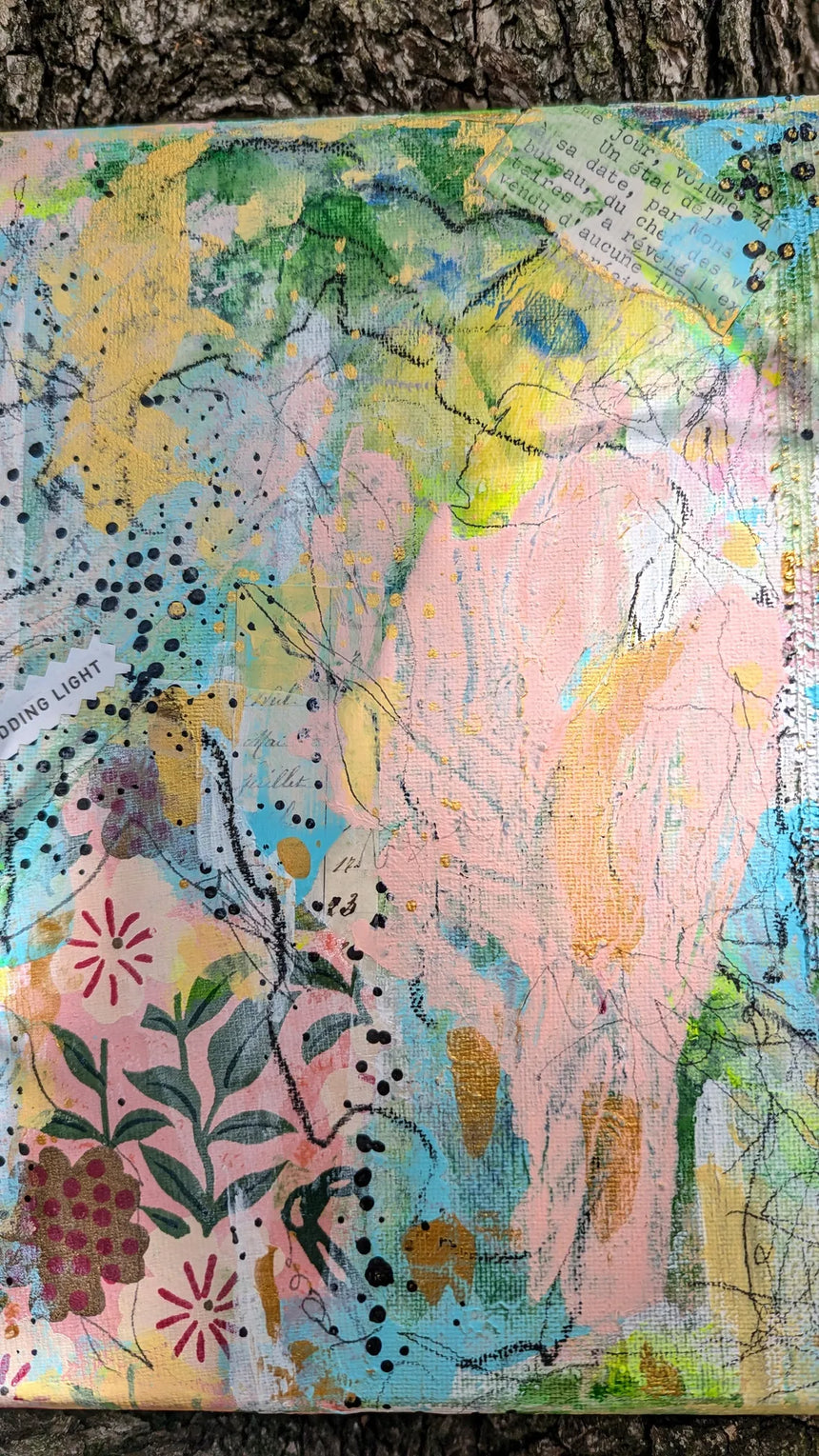 Artistic depiction of floral and abstract designs on a textured surface.