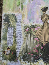 Artistic collage with a woman in a vintage dress, vintage French text, flowers and a butterfly