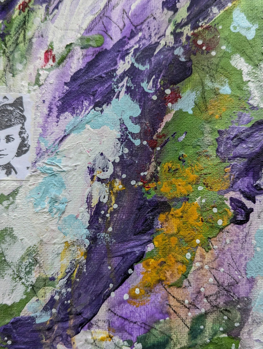Original collage art with purple, green, and yellow colors while close-up of brush stroke and other visual details